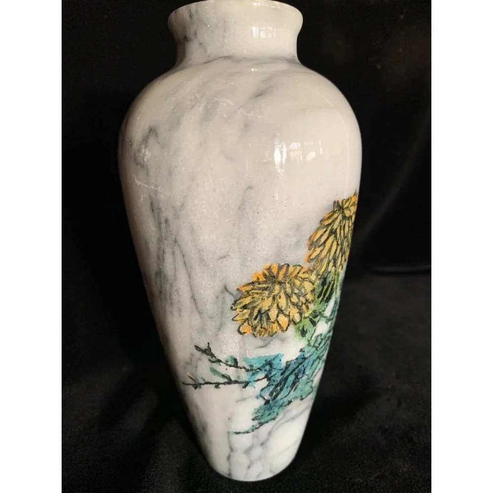 Vintage Marble Etched Vase with Painted‎ Yellow Flowers 7” Tall Excellent